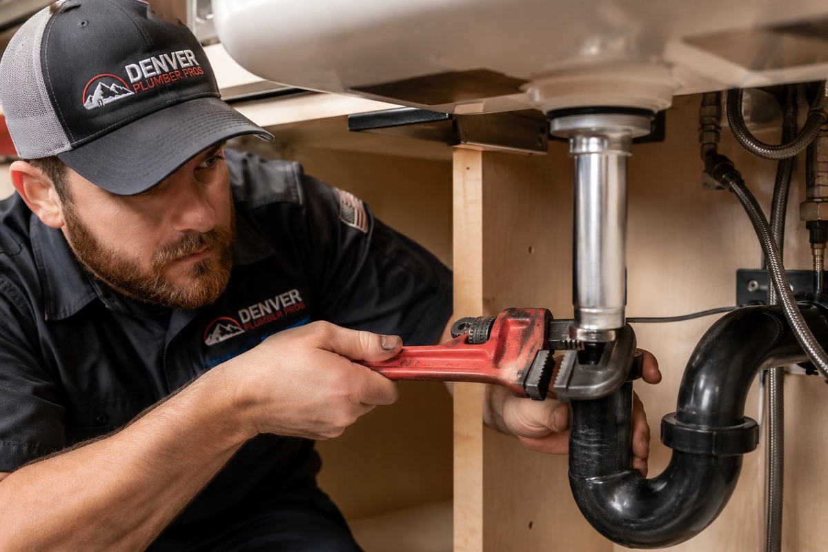 Licensed plumber tightening a fitting under a sink during a repair in Denver