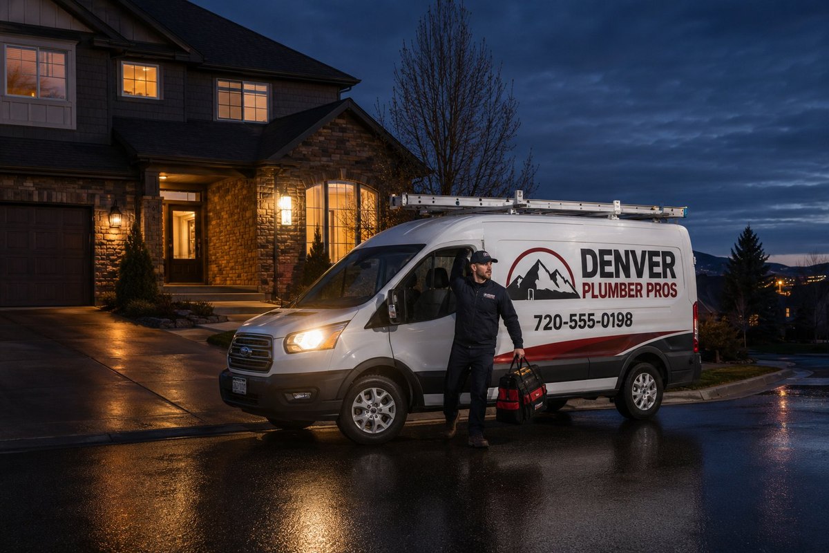 Denver Plumber Pros emergency van outside a Denver home at night in winter