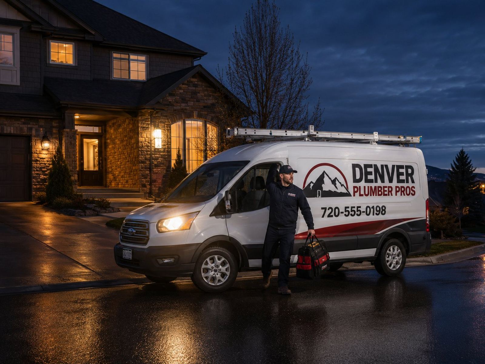 Denver Plumber Pros branded service van parked outside a Denver home in winter